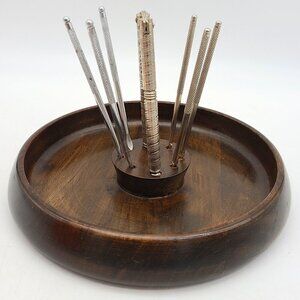 Mid Century MCM Dark Wood Nut Bowl with Nutcracker and 6 Picks